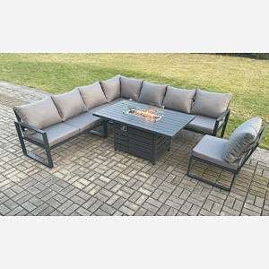 Fimous Aluminium Lounge Corner Sofa Outdoor Garden Furniture Sets Gas Fire Pit Dining Table Set Dark Grey