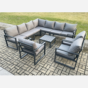 Fimous Outdoor Garden Furniture Patio Lounge Corner Sofa Aluminium Set with Square Coffee Table 3 Pcs Arm Chairs Dark Grey