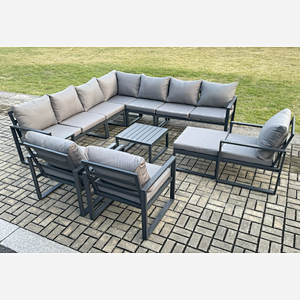 Fimous Outdoor Garden Furniture Patio Lounge Corner Sofa Aluminium Set with Square Coffee Table Big Footstool 3 Chair Dark Grey