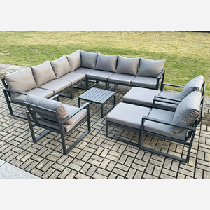 Fimous Aluminium Outdoor Garden Furniture Set Lounge Corner Sofa 3 Pcs Chair Square Coffee Table Sets with 2 Big Footstools Dark Grey