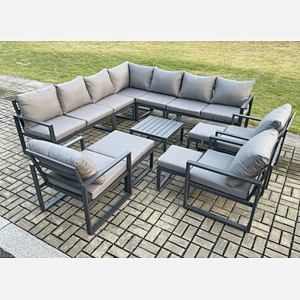 Fimous 13 Seater Outdoor Garden Furniture Set Aluminium Lounge Corner Sofa Square Coffee Table 3 Pcs Chair Sets with 3 Footstools Dark Grey