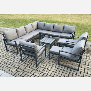 Fimous Aluminium Outdoor Garden Furniture Set Lounge Corner Sofa 3 Pcs Chair Square Coffee Table Sets with 2 Small Footstools Dark Grey