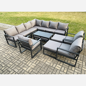 Fimous 14 Seater Aluminium Outdoor Garden Furniture Set Patio Lounge Sofa with Oblong Coffee Table 3 Pcs Chair 2 Small Footstools 2 Big Footstools Dark Grey
