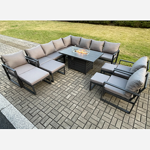 Fimous Aluminium 14 Seater Lounge Corner Sofa Outdoor Garden Furniture Sets Gas Fire Pit Dining Table Set Dark with 3 Chairs 2 Big Footstools 2 Small Footstools Grey