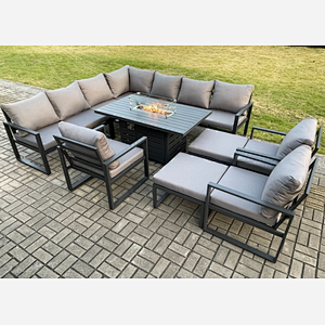 Fimous Aluminium 12 Seater Garden Furniture Outdoor Set Patio Lounge Sofa Gas Fire Pit Dining Table Set with 3 Chair 2 Big Footstools Dark Grey