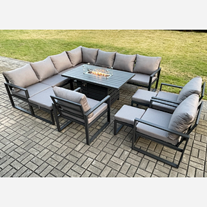 Fimous Aluminium Lounge Corner Sofa Outdoor Garden Furniture Sets Gas Fire Pit Dining Table Set with 3 Chairs 3 Footstools Dark Grey