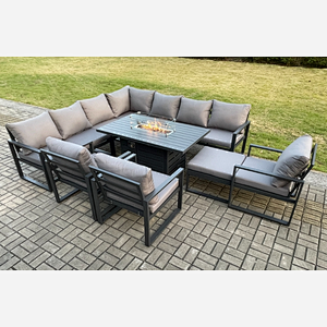 Fimous Aluminium 11 Seater Garden Furniture Outdoor Set Patio Lounge Sofa Gas Fire Pit Dining Table Set with 3 Chairs Big Footstool Dark Grey