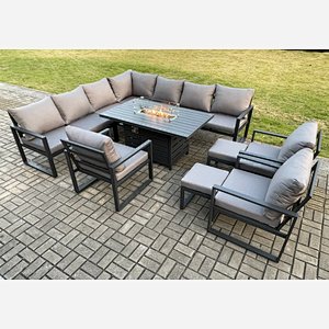 Fimous Aluminium 12 Seater Garden Furniture Outdoor Set Patio Lounge Sofa Gas Fire Pit Dining Table Set with 3 Chairs 2 Small Footstools Dark Grey