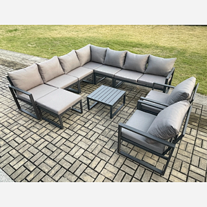 Fimous Outdoor Garden Furniture Patio Lounge Corner Sofa Aluminium Set with Square Coffee Table Big Footstool 2 Chair Dark Grey