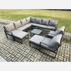 Fimous Aluminium Outdoor Garden Furniture Set Lounge Corner Sofa 2 Pcs Chair Square Coffee Table Sets with 2 Big Footstools Dark Grey