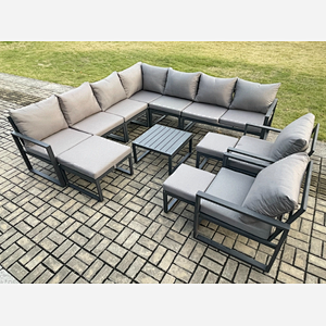 Fimous Aluminium Outdoor Garden Furniture Set Lounge Corner Sofa Square Coffee Table 2 Pcs Chair Sets with 3 Footstools Dark Grey