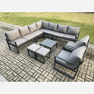 Fimous Aluminium Outdoor Garden Furniture Set Lounge Corner Sofa 2 Pcs Chair Square Coffee Table Sets with 2 Small Footstools Dark Grey