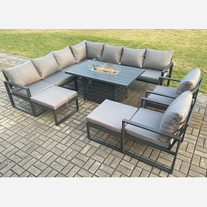 Fimous Aluminium 11 Seater Garden Furniture Outdoor Set Patio Lounge Sofa Gas Fire Pit Dining Table Set with 2 Chair 2 Big Footstools Dark Grey