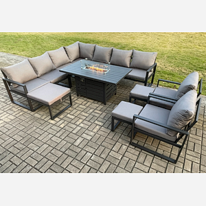 Fimous Aluminium Lounge Corner Sofa Outdoor Garden Furniture Sets Gas Fire Pit Dining Table Set with 2 Chairs 3 Footstools Dark Grey