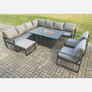 Fimous Aluminium 10 Seater Garden Furniture Outdoor Set Patio Lounge Sofa Gas Fire Pit Dining Table Set with 2 Chairs Big Footstool Dark Grey