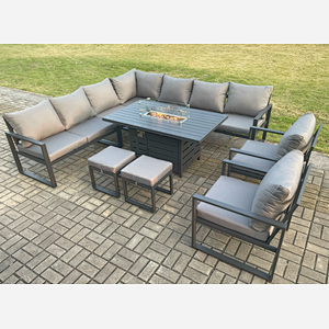 Fimous Aluminium 11 Seater Garden Furniture Outdoor Set Patio Lounge Sofa Gas Fire Pit Dining Table Set with 2 Chairs 2 Small Footstools Dark Grey