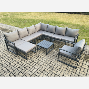 Fimous Outdoor Garden Furniture Patio Lounge Corner Sofa Aluminium Set with Square Coffee Table Big Footstool Chair Dark Grey