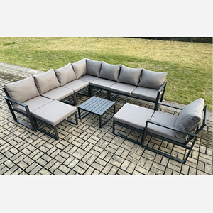 Fimous Aluminium Outdoor Garden Furniture Set Lounge Corner Sofa Chair Square Coffee Table Sets with 2 Big Footstools Dark Grey