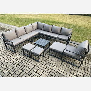 Fimous Aluminium Outdoor Garden Furniture Set Lounge Corner Sofa Square Coffee Table Chair Sets with 3 Footstools Dark Grey