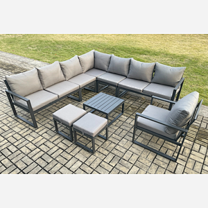 Fimous Aluminium Outdoor Garden Furniture Set Lounge Corner Sofa Chair Square Coffee Table Sets with 2 Small Footstools Dark Grey