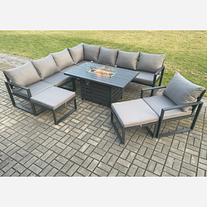 Fimous Aluminium 10 Seater Garden Furniture Outdoor Set Patio Lounge Sofa Gas Fire Pit Dining Table Set with Chair 2 Big Footstools Dark Grey