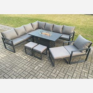 Fimous Aluminium Lounge Corner Sofa Outdoor Garden Furniture Sets Gas Fire Pit Dining Table Set with Chair 3 Footstools Dark Grey