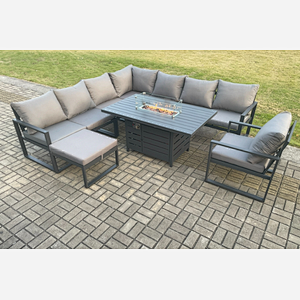 Fimous Aluminium 9 Seater Garden Furniture Outdoor Set Patio Lounge Sofa Gas Fire Pit Dining Table Set with Chair Big Footstools Dark Grey