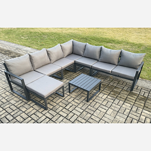 Fimous Outdoor Garden Furniture Patio Lounge Corner Sofa Aluminium Set with Square Coffee Table Big Footstool Dark Grey