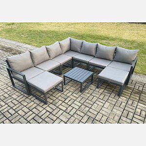 Fimous Aluminium Outdoor Garden Furniture Set Lounge Corner Sofa Square Coffee Table Sets with 2 Big Footstools Dark Grey