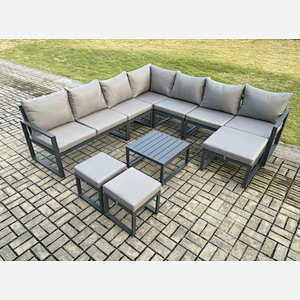 Fimous Aluminium Outdoor Garden Furniture Set Lounge Corner Sofa Square Coffee Table Sets with 3 Footstools Dark Grey