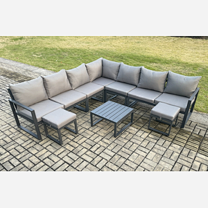 Fimous Outdoor Garden Furniture Patio Lounge Corner Sofa Aluminium Set with Square Coffee Table 2 Small Footstools Dark Grey