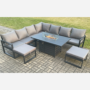 Fimous Aluminium 9 Seater Garden Furniture Outdoor Set Patio Lounge Sofa Gas Fire Pit Dining Table Set with 2 Big Footstools Dark Grey