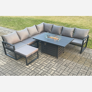 Fimous Aluminium 7 Pieces Garden Furniture Corner Sofa Set with Cushions Gas Fire Pit Dining Table Set Gas Heater Burner with Big Footstool Dark Grey