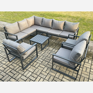 Fimous Aluminium Garden Furniture Set Outdoor Lounge Corner Sofa 3 Pcs Chair Square Coffee Table Sets Dark Grey 9 Seater