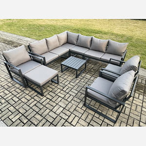 Fimous 10 Seater Aluminium Garden Furniture Set Outdoor Lounge Corner Sofa 3 Pcs Chair Square Coffee Table Sets with Big Footstool Dark Grey