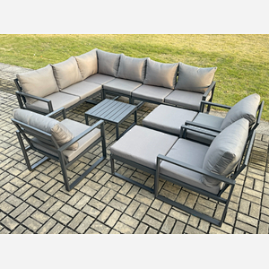 Fimous 11 Seater Outdoor Lounge Corner Sofa Set Aluminum Garden Furniture Sets with Square Coffee Table 3 Chairs 2 Big Footstools Dark Grey