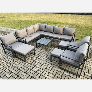 Fimous 12 Seater Outdoor Lounge Corner Sofa Set Aluminum Garden Furniture Sets with Square Coffee Table 3 Chairs 3 Footstools Dark Grey