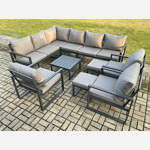 Fimous 11 Seater Aluminium Garden Furniture Set Outdoor Lounge Corner Sofa 3 Pcs Chair Square Coffee Table Sets with 2 Small Footstools Dark Grey
