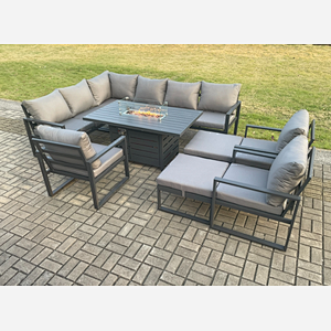 Fimous Aluminium Patio Outdoor Garden Furniture Corner Sofa Set Gas Fire Pit Dining Table with 3 Chairs 2 Big Footstools Dark Grey