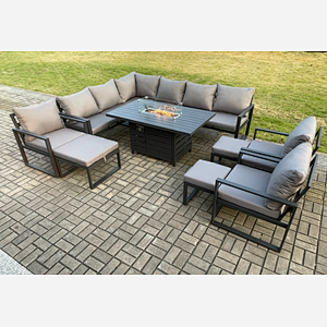 Fimous Aluminium 11 Pieces Garden Furniture Corner Sofa Set with Cushions Gas Fire Pit Dining Table Set with 3 Chairs 3 Footstools Dark Grey