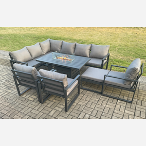 Fimous Aluminium Outdoor Garden Furniture Corner Sofa Gas Fire Pit Dining Table Sets Gas Heater Burner with 3 Chairs Big Footstool Dark Grey 10 Seater