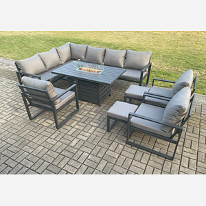 Fimous Aluminium Patio Outdoor Garden Furniture Corner Sofa Set Gas Fire Pit Dining Table with 3 Chairs 2 Small Footstools Dark Grey