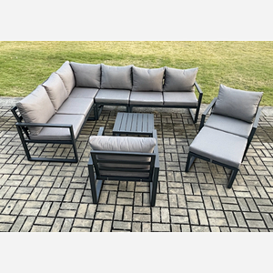 Fimous 9 Seater Aluminium Garden Furniture Set Outdoor Lounge Corner Sofa 2 Pcs Chair Square Coffee Table Sets with Big Footstool Dark Grey