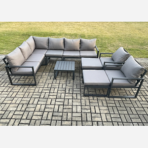 Fimous 10 Seater Outdoor Lounge Corner Sofa Set Aluminum Garden Furniture Sets with Square Coffee Table 2 Chairs 2 Big Footstool Dark Grey