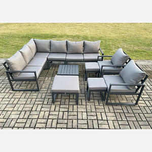 Fimous 11 Seater Outdoor Lounge Corner Sofa Set Aluminum Garden Furniture Sets with Square Coffee Table 2 Chairs 3 Footstools Dark Grey