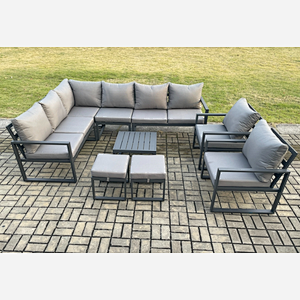 Fimous 10 Seater Aluminium Garden Furniture Set Outdoor Lounge Corner Sofa 2 Pcs Chair Square Coffee Table Sets with 2 Small Footstools Dark Grey
