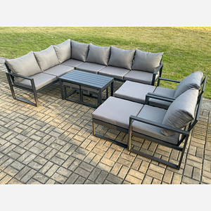 Fimous Aluminium Outdoor Garden Furniture Set Patio Lounge Sofa with Oblong Coffee Table Chair 2 Small Footstools Big Footstool Dark Grey