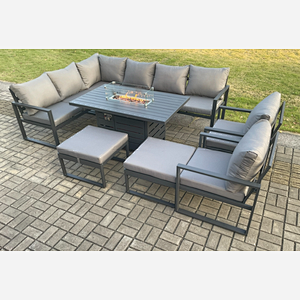 Fimous Aluminium Patio Outdoor Garden Furniture Corner Sofa Set Gas Fire Pit Dining Table with 2 Chairs 2 Big Footstools Dark Grey