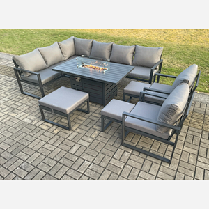 Fimous Aluminium 10 Pieces Garden Furniture Corner Sofa Set with Cushions Gas Fire Pit Dining Table Set with 2 Chairs 3 Footstools Dark Grey