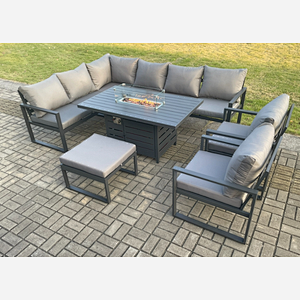 Fimous Aluminium Outdoor Garden Furniture Corner Sofa Gas Fire Pit Dining Table Sets Gas Heater Burner with 2 Chairs Big Footstool Dark Grey 9 Seater